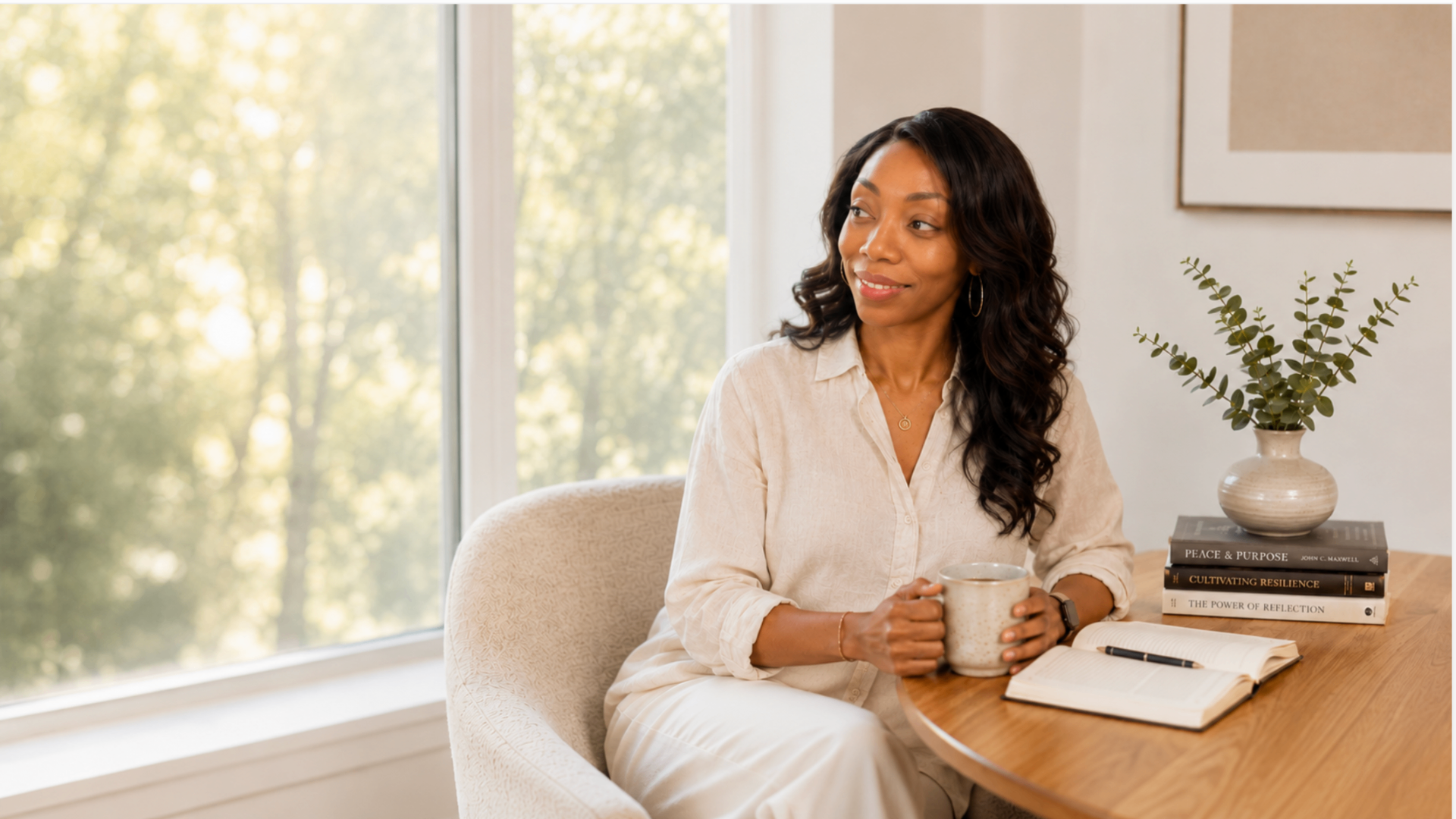 Dr. Heather Hill seated by a sunlit window with a cup of tea, journal, and books